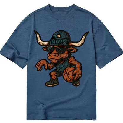 Texas Longhorn wearing Mavs beanie with lone star patch and wayfarer sunglasses - Classic T-shirt - Twilight Navy(Blue)