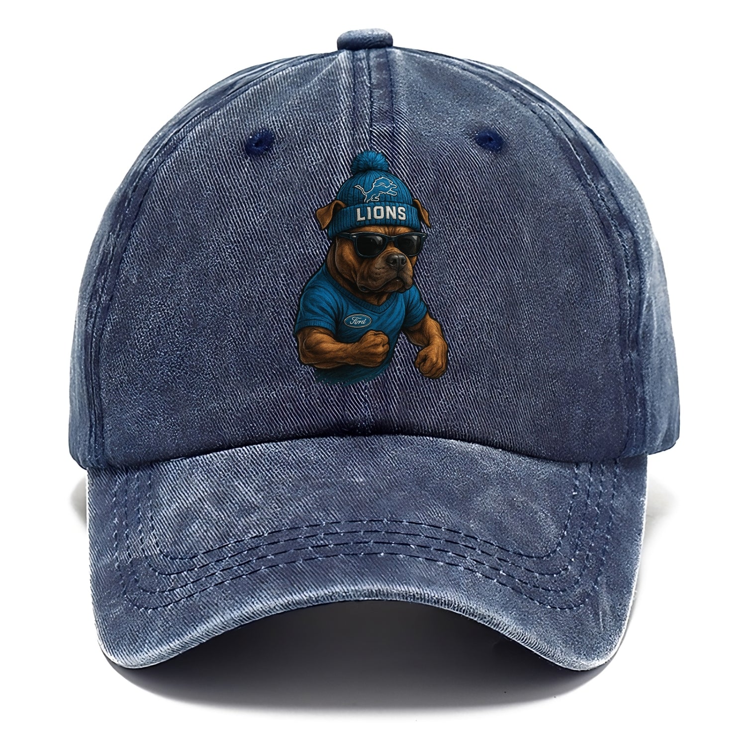 Detroit Pitbull wearing Lions beanie with auto patch and wayfarer sunglasses - Classic Cap - Twilight Navy(Blue)