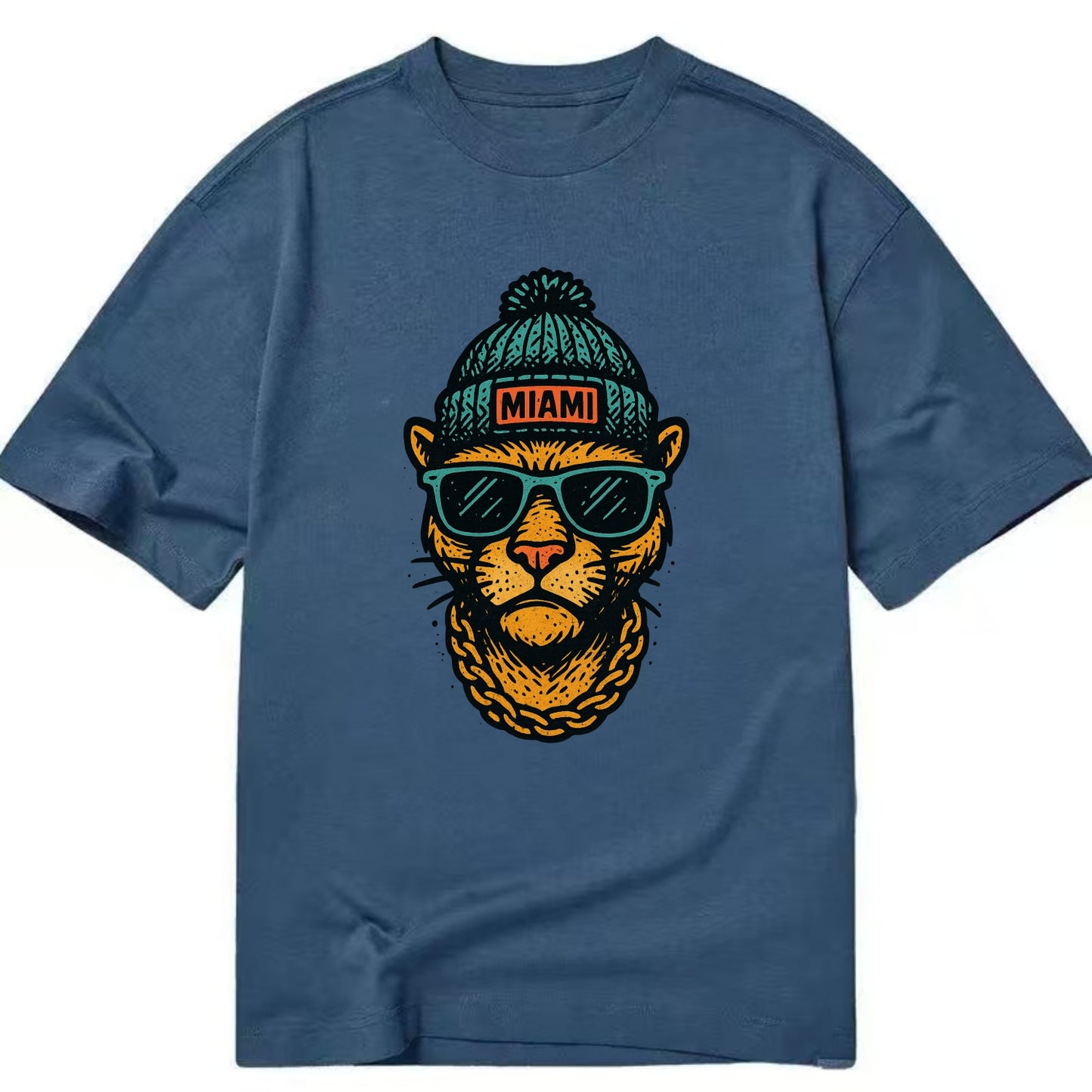Florida Panther wearing Miami beanie with pom pom and wayfarer sunglasses - Classic T-shirt - Twilight Navy(Blue)
