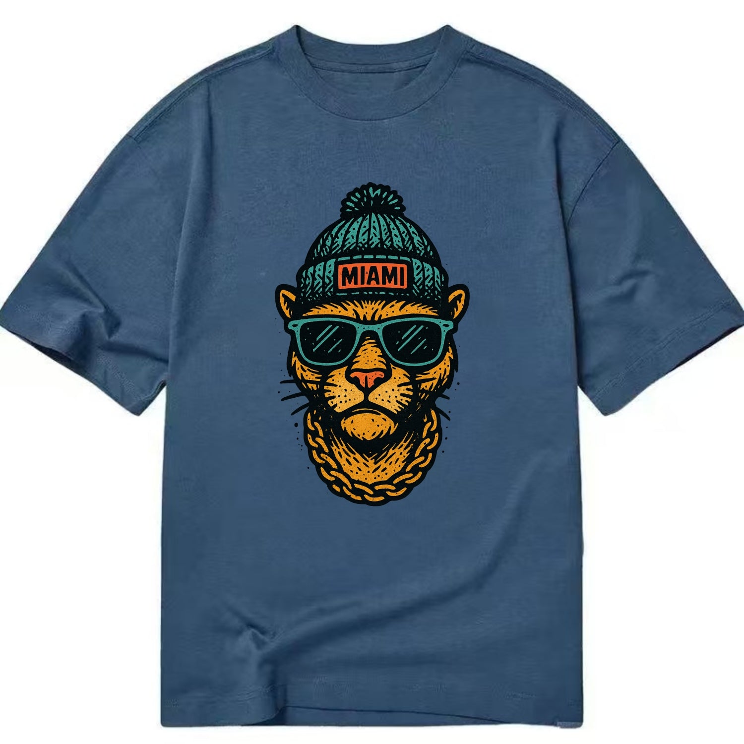 Florida Panther wearing Miami beanie with pom pom and wayfarer sunglasses - Classic T-shirt - Twilight Navy(Blue)