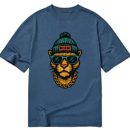 Florida Panther wearing Miami beanie with pom pom and wayfarer sunglasses - Classic T-shirt - Twilight Navy(Blue)