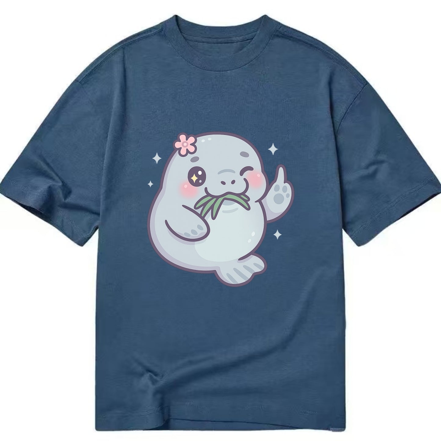 chubby manatee munching on seagrass, one flipper raised with sass - Classic T-shirt - Twilight Navy(Blue)