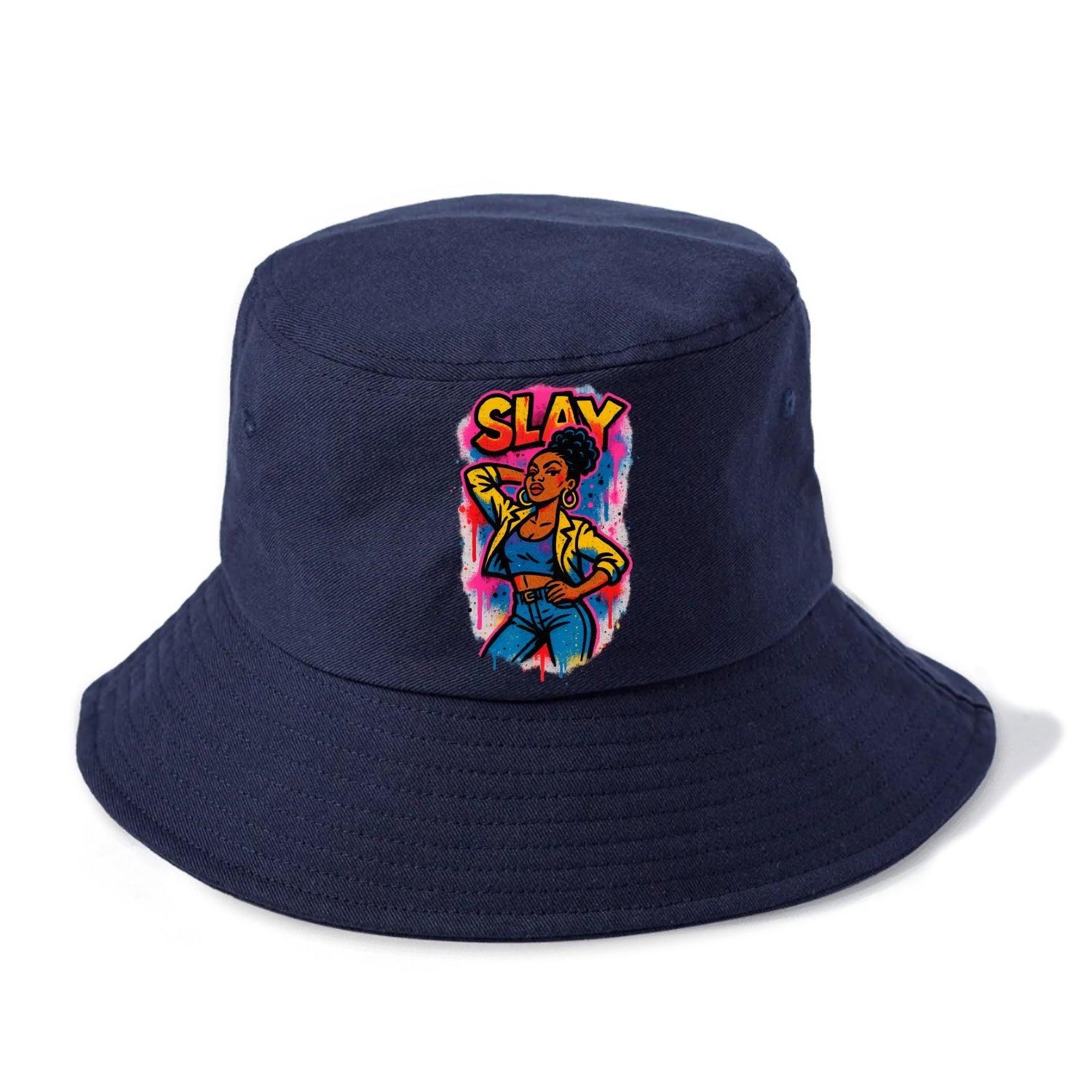 Empowered figure striking confident pose - "slay" culture, fierce and fabulous energy - Bucket Hat - Twilight Navy(Blue)
