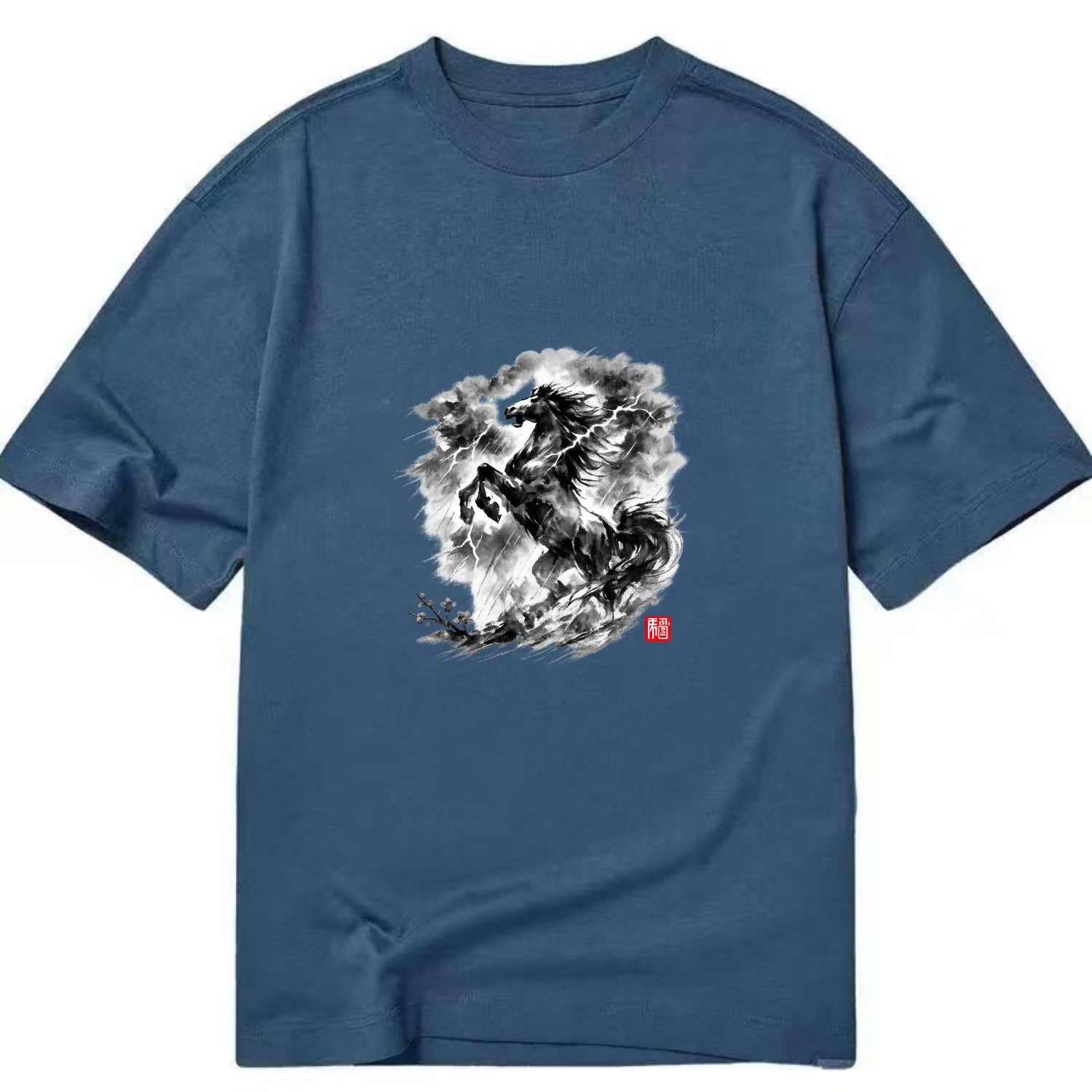THUNDER HORSE | Storm horse with lightning elements | Dramatic storm clouds - Classic T-shirt - Twilight Navy(Blue)