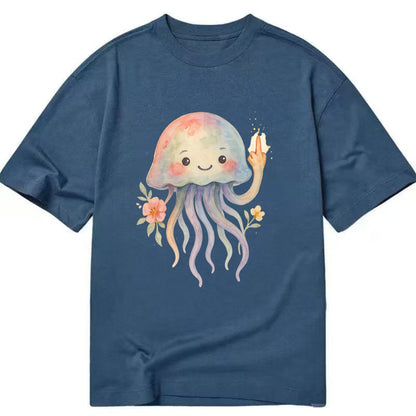 jellyfish with kawaii face and tentacles, one tentacle pointing up defiantly - Classic T-shirt - Twilight Navy(Blue)