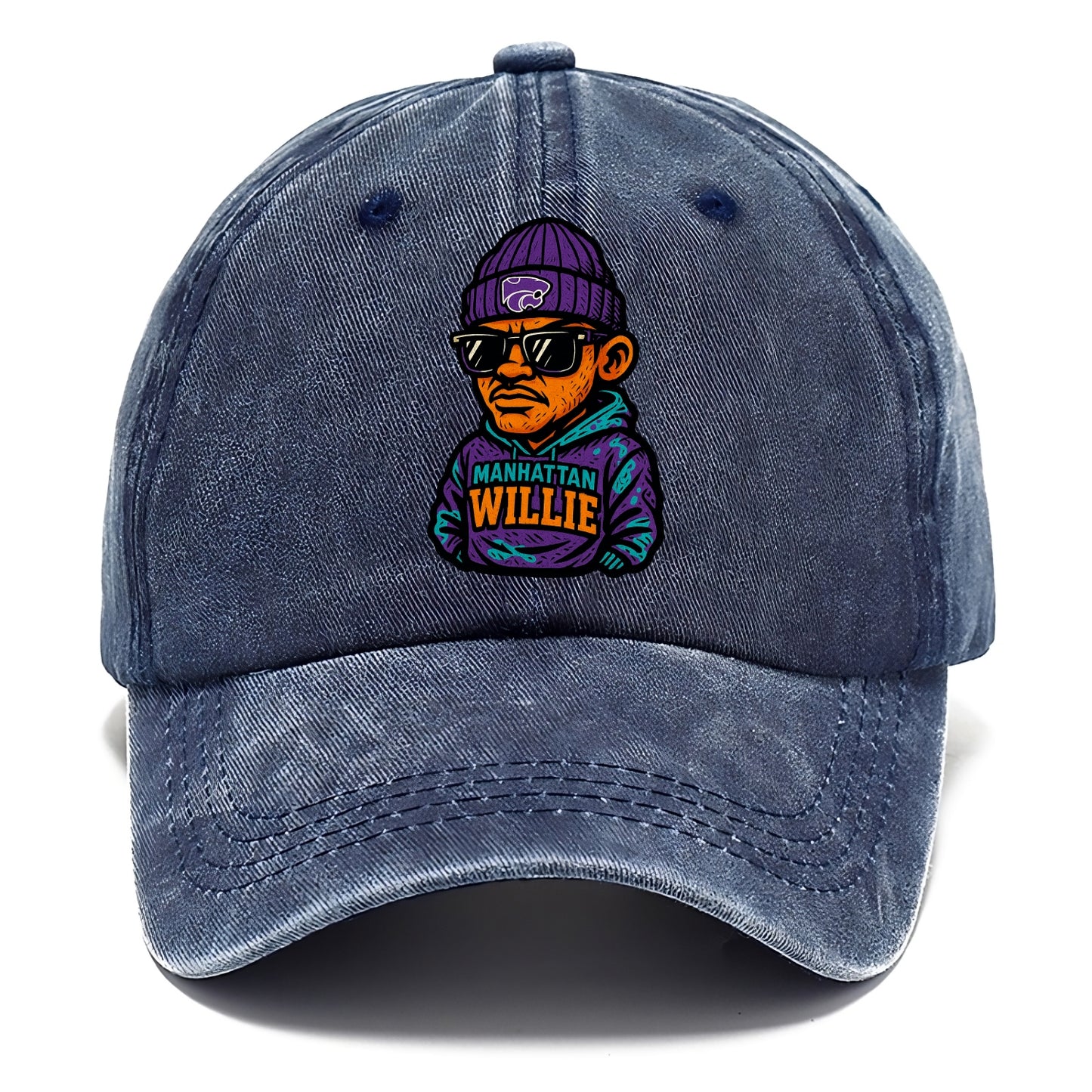 Manhattan Willie wearing Kansas State beanie with powercat patch - Classic Cap - Twilight Navy(Blue)