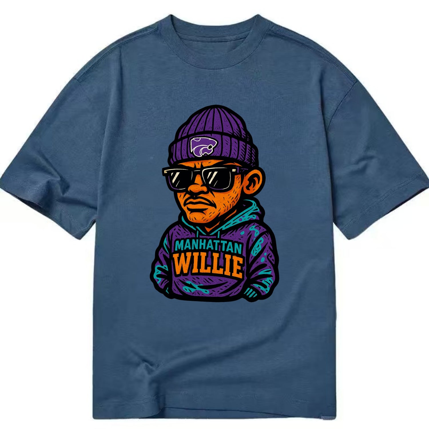 Manhattan Willie wearing Kansas State beanie with powercat patch - Classic T-shirt - Twilight Navy(Blue)