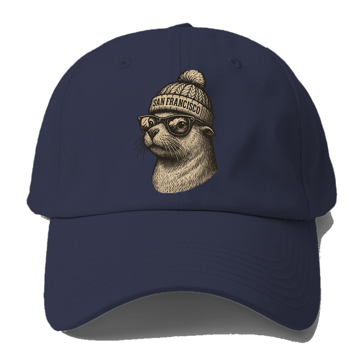 San Francisco Sea Lion wearing San Francisco beanie with pom pom and - Baseball Cap For Big Heads - Twilight Navy(Blue)