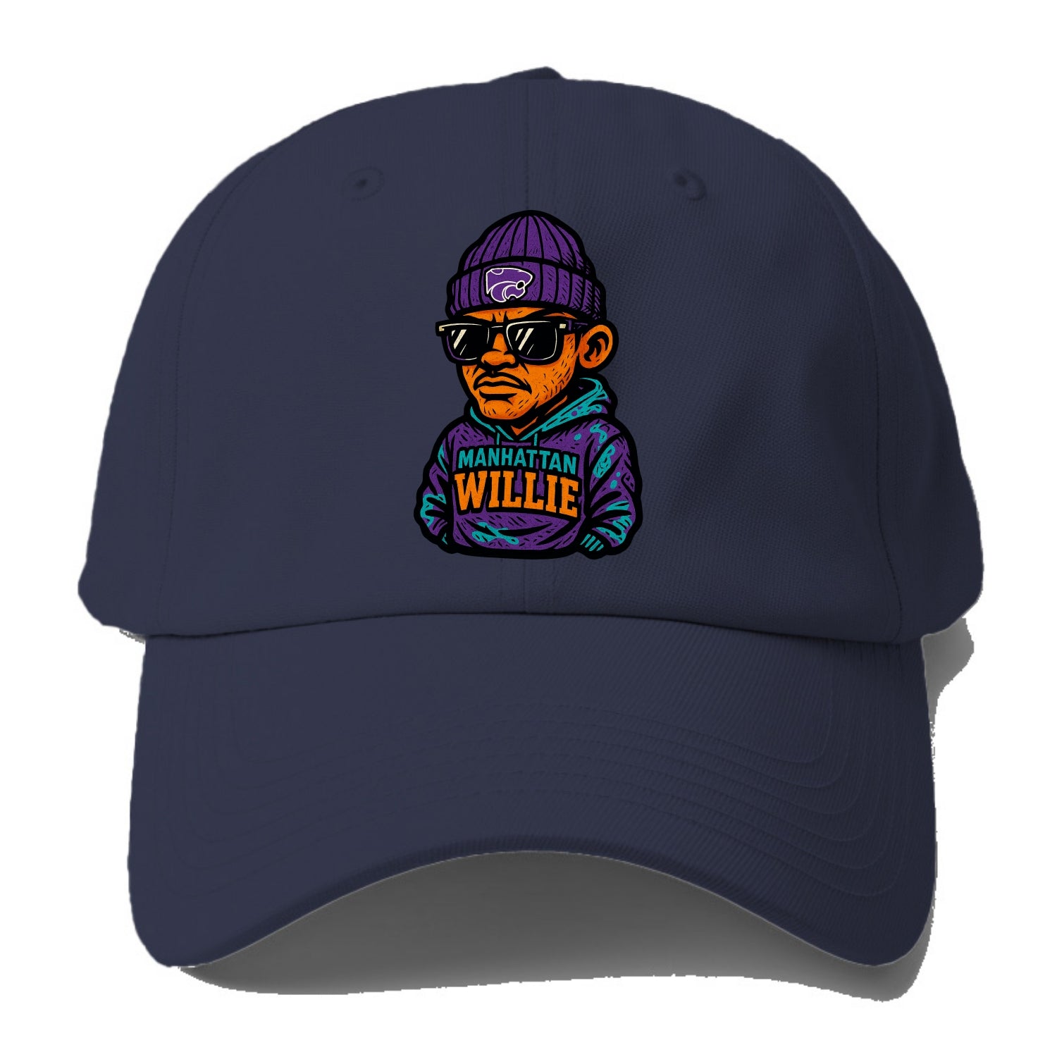 Manhattan Willie wearing Kansas State beanie with powercat patch - Baseball Cap For Big Heads - Twilight Navy(Blue)