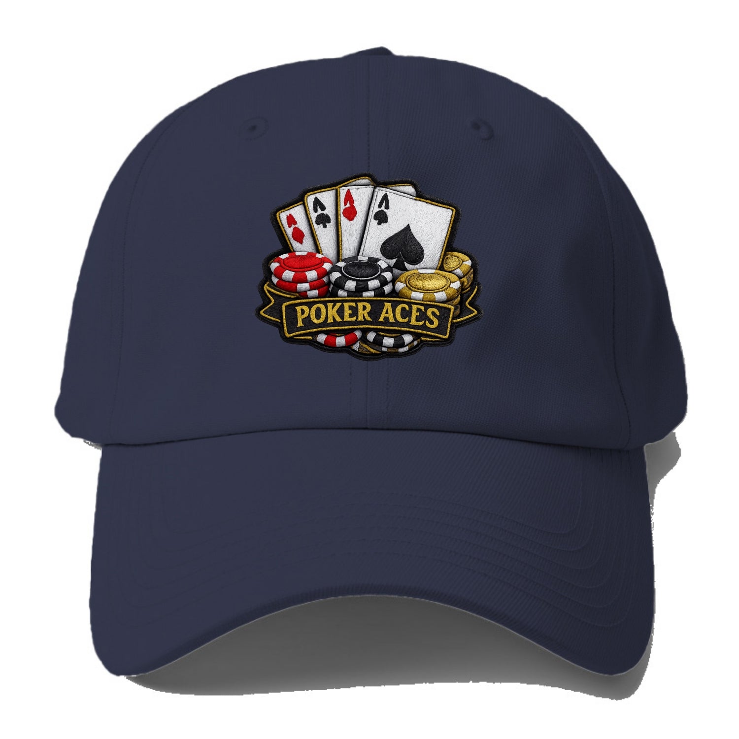 Embroidered patch design - POKER ACES - four aces with chips in red, black and gold - Baseball Cap - Twilight Navy(Blue)