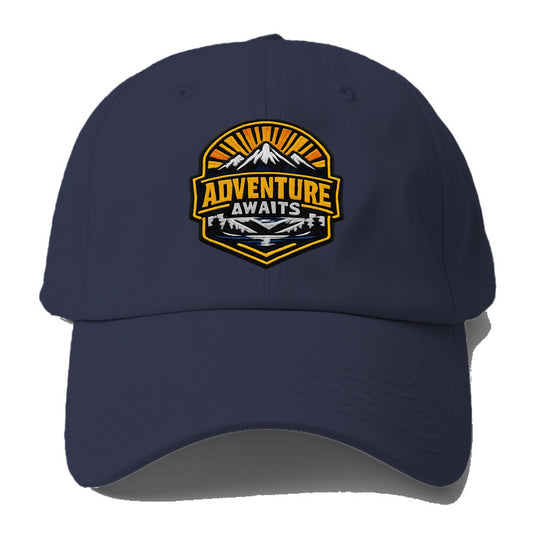 ADVENTURE AWAITS - mountain sunrise with text in gold and blue , - Baseball Cap For Big Heads - Twilight Navy(Blue)