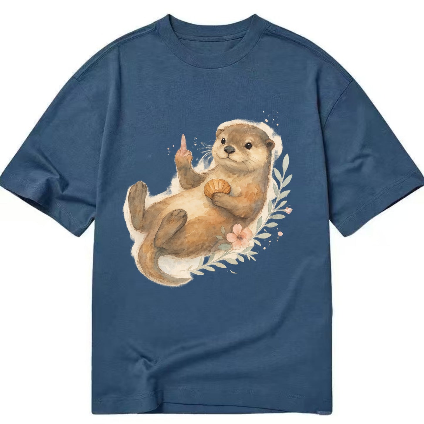 adorable otter floating on back, middle finger up while holding a shellfish - Classic T-shirt - Twilight Navy(Blue)