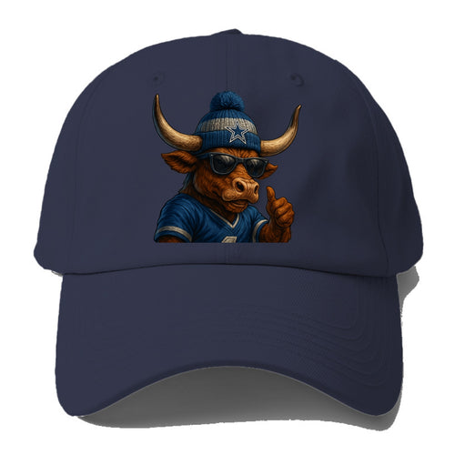 Texas Longhorn wearing Cowboys silver and blue beanie with star and wayfarer - Baseball Cap