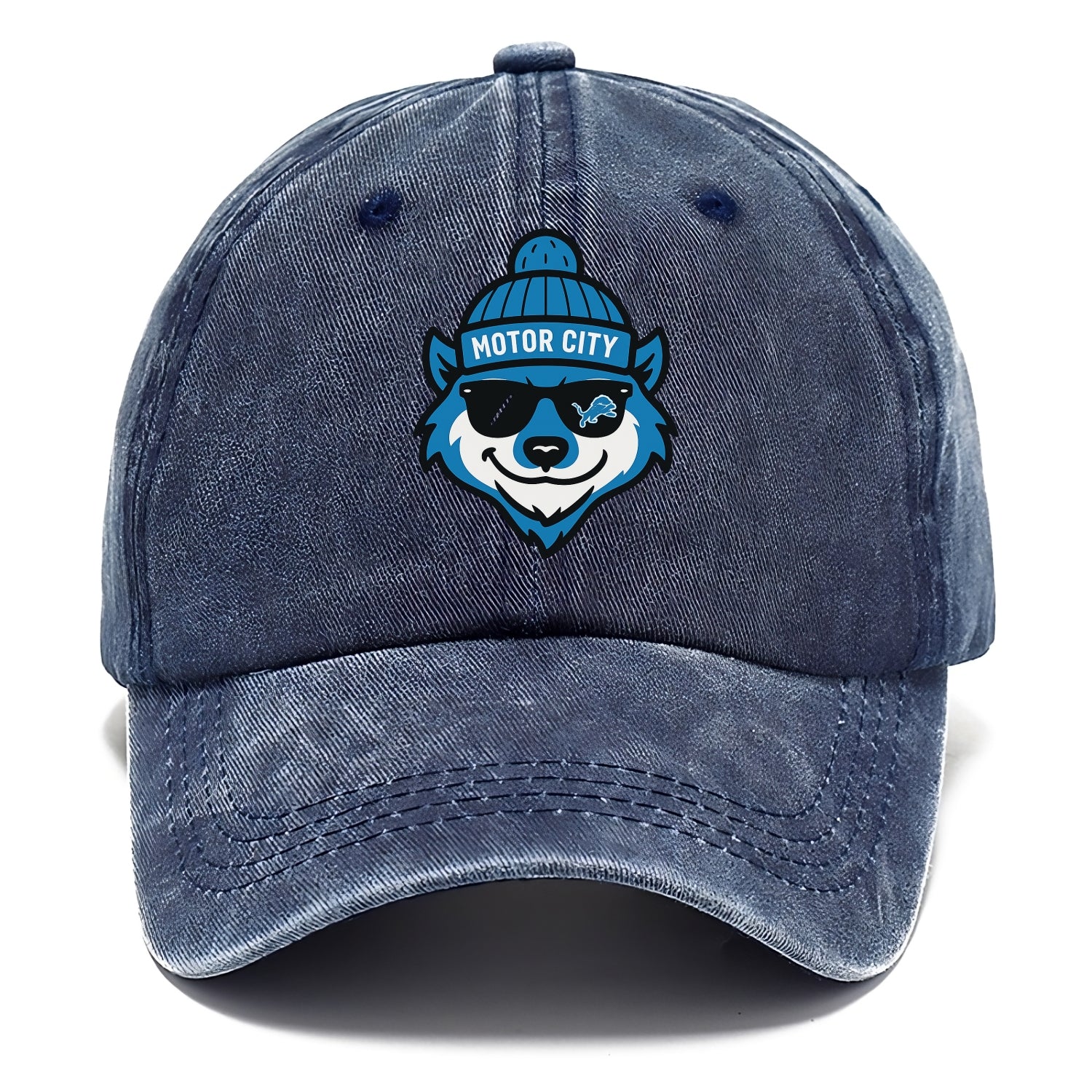 Motor City Wolverine wearing Lions beanie with gear patch and wayfarer sunglasses - Classic Cap - Twilight Navy(Blue)