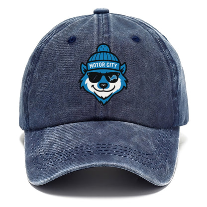 Motor City Wolverine wearing Lions beanie with gear patch and wayfarer sunglasses - Classic Cap - Twilight Navy(Blue)