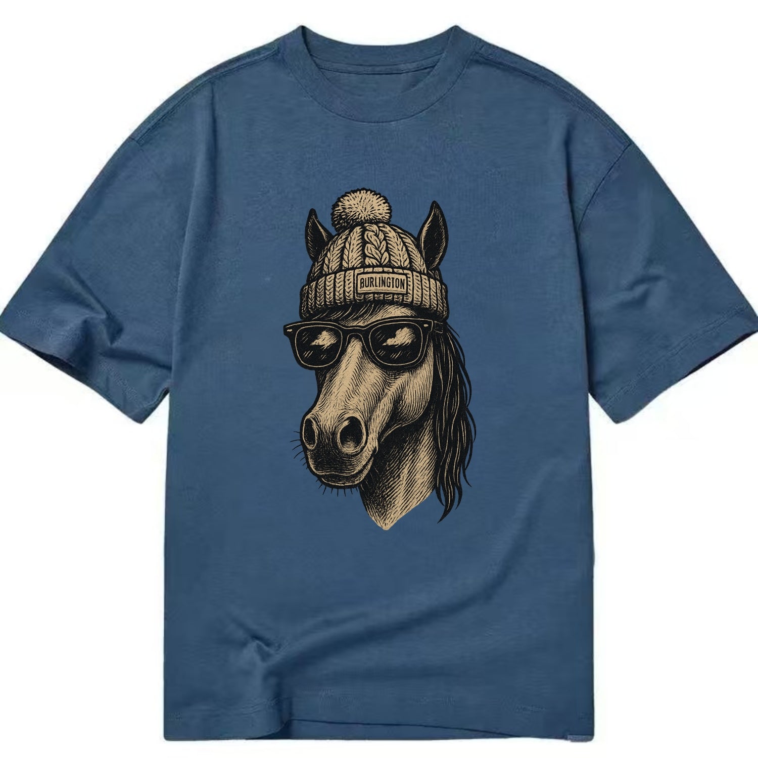 Vermont Morgan Horse wearing Burlington beanie with pom pom and wayfarer - Classic T-shirt - Twilight Navy(Blue)