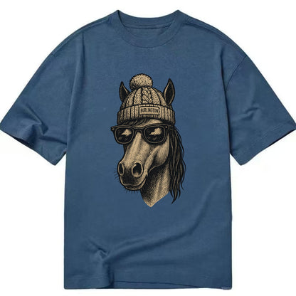 Vermont Morgan Horse wearing Burlington beanie with pom pom and wayfarer - Classic T-shirt - Twilight Navy(Blue)