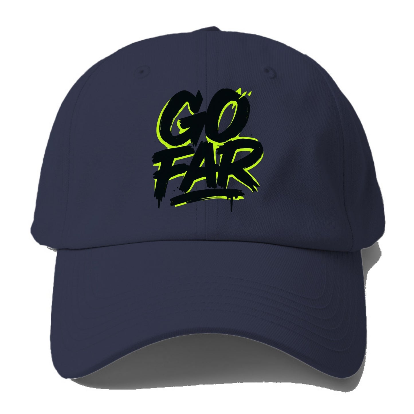 Bold typography design - "GO FAR" - distance goals, pushing limits - Baseball Cap - Twilight Navy(Blue)