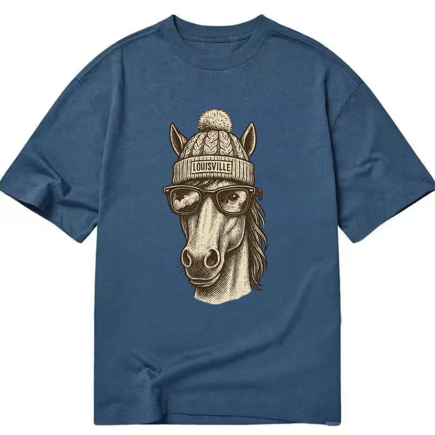 Kentucky Thoroughbred Horse wearing Louisville beanie with pom pom and wayfarer - Classic T-shirt - Twilight Navy(Blue)