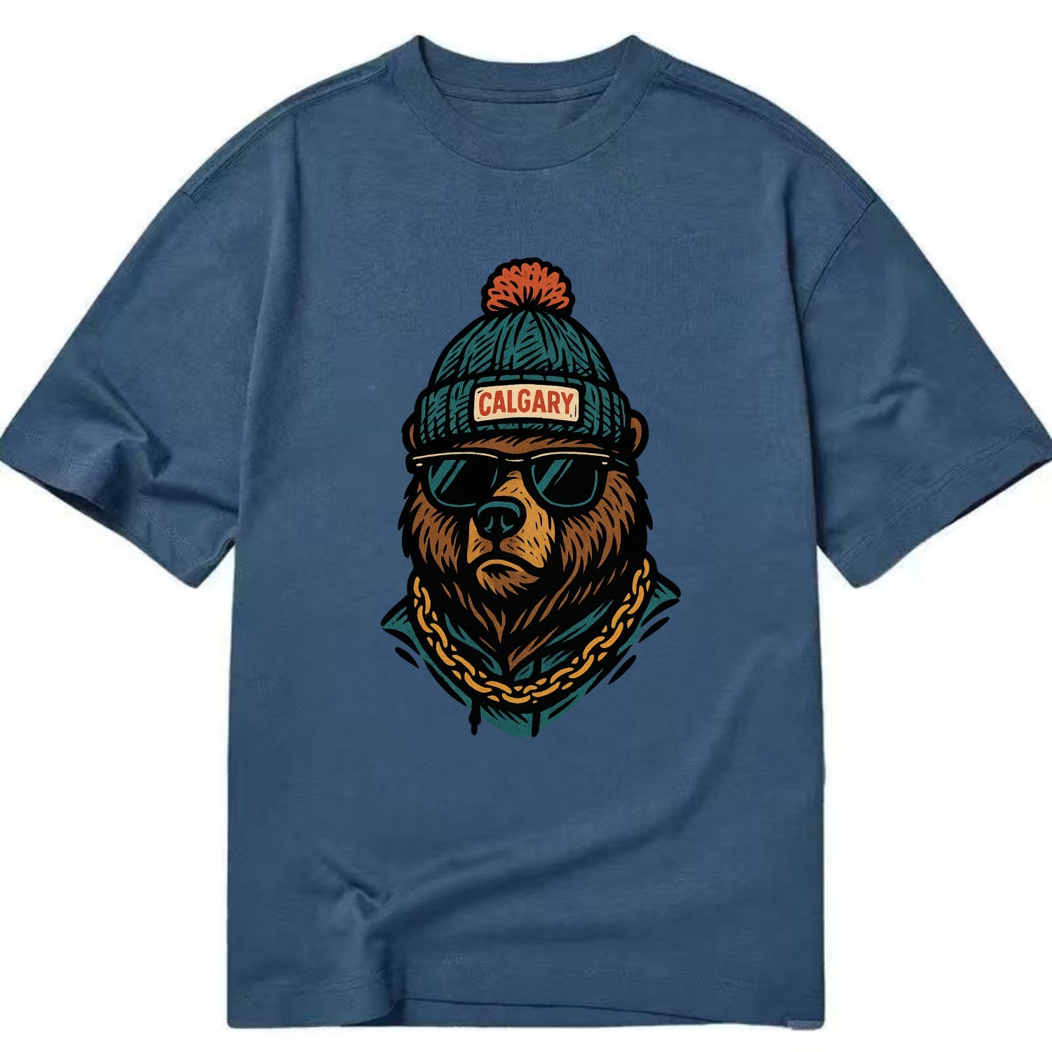 Calgary Grizzly Bear wearing Calgary beanie with pom pom and wayfarer sunglasses - Classic T-shirt - Twilight Navy(Blue)