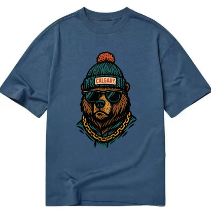 Calgary Grizzly Bear wearing Calgary beanie with pom pom and wayfarer sunglasses - Classic T-shirt - Twilight Navy(Blue)