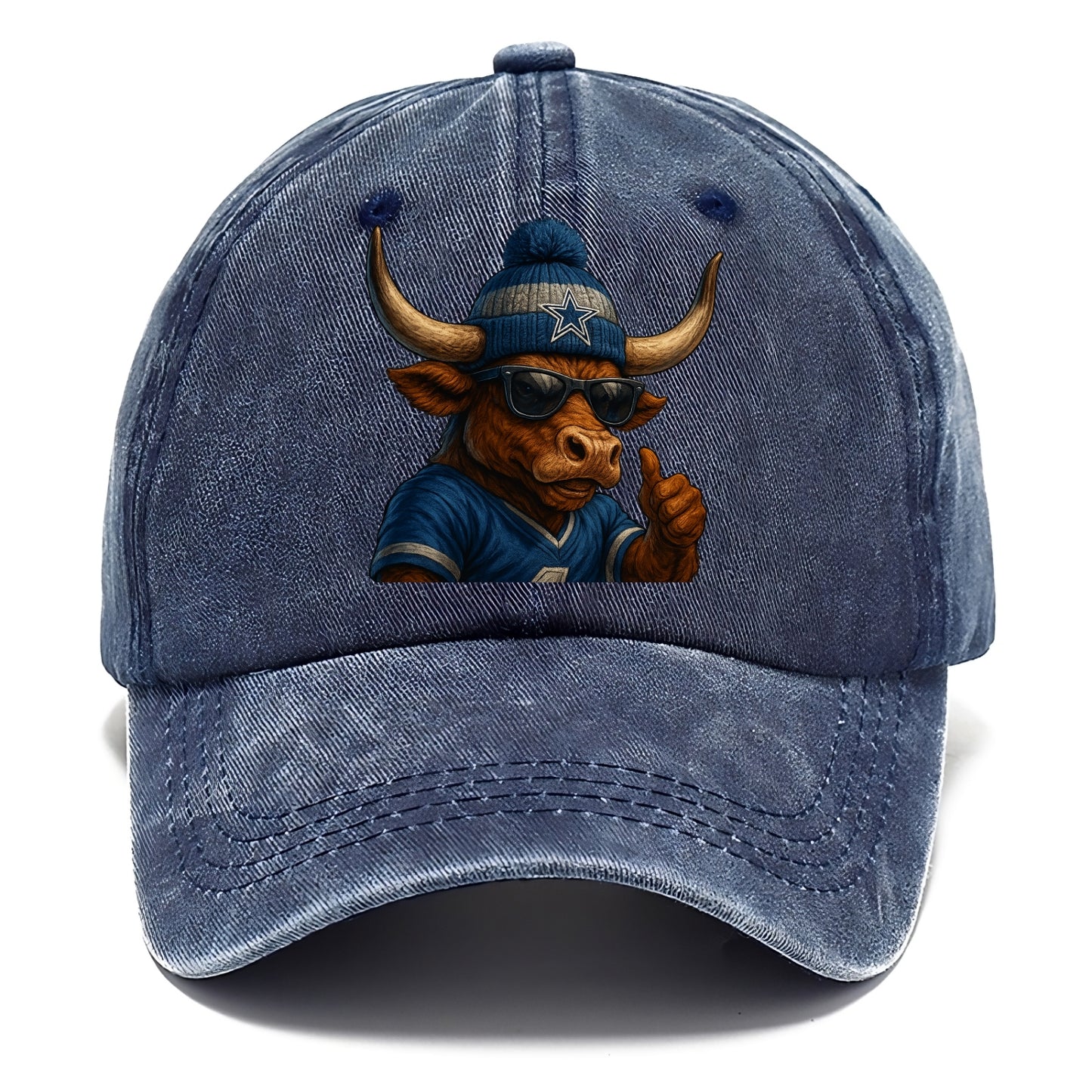 Texas Longhorn wearing Cowboys silver and blue beanie with star and wayfarer - Classic Cap - Twilight Navy(Blue)