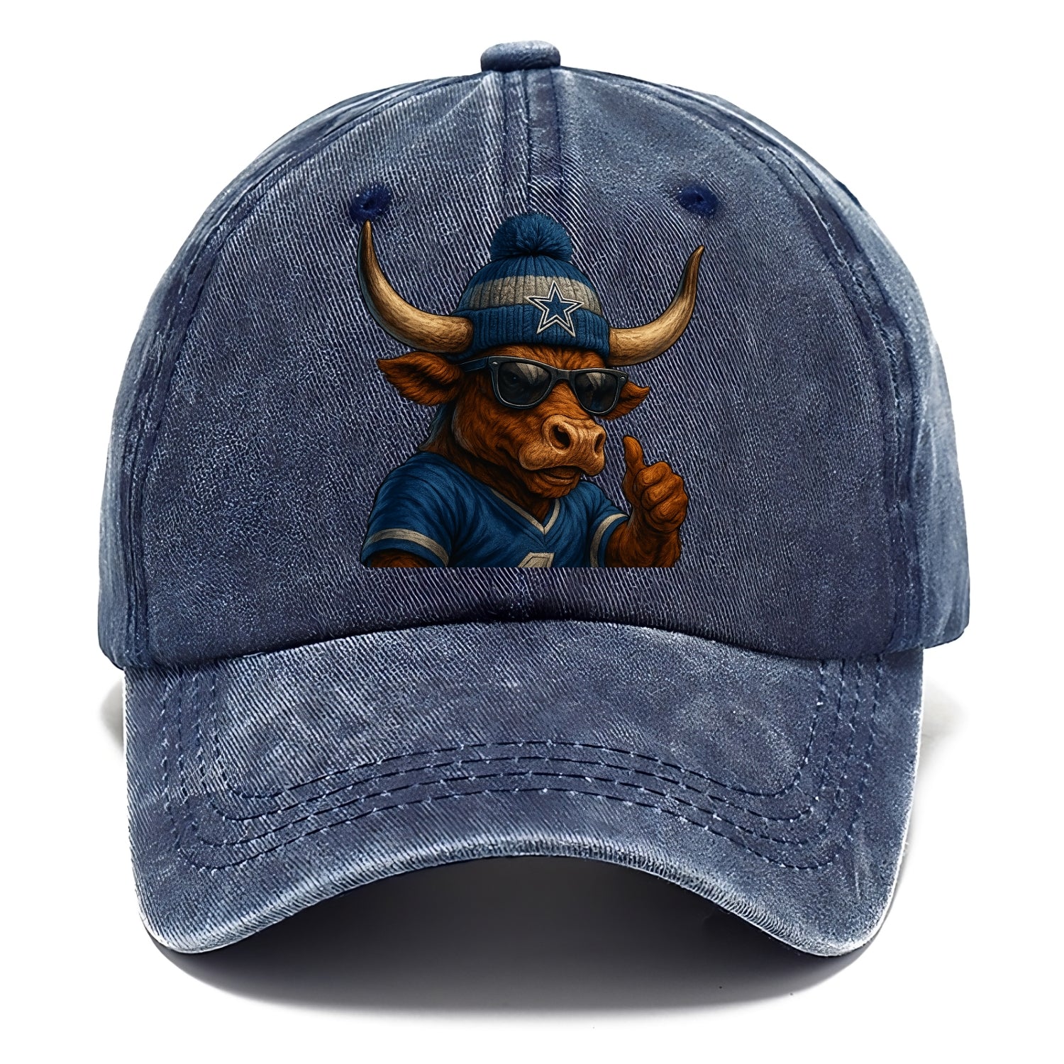 Texas Longhorn wearing Cowboys silver and blue beanie with star and wayfarer - Classic Cap - Twilight Navy(Blue)