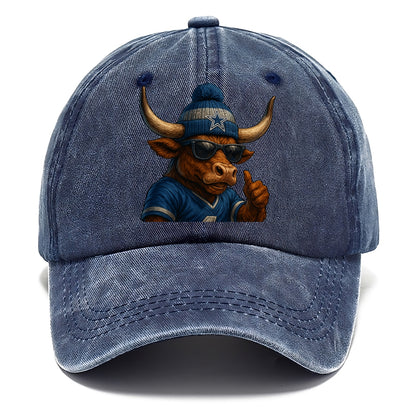 Texas Longhorn wearing Cowboys silver and blue beanie with star and wayfarer - Classic Cap - Twilight Navy(Blue)