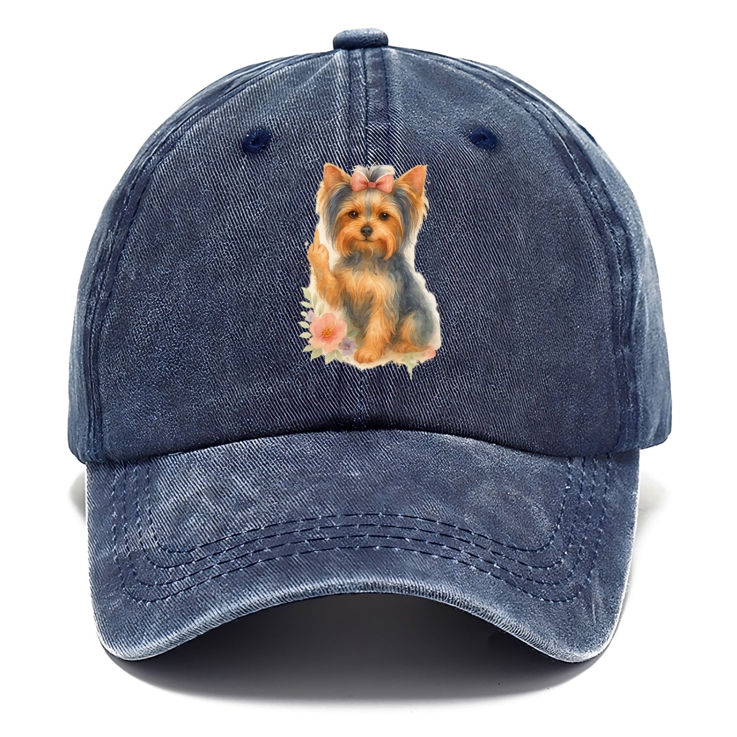 Yorkshire Terrier with topknot bow, one delicate paw flipping off - Classic Cap - Twilight Navy(Blue)