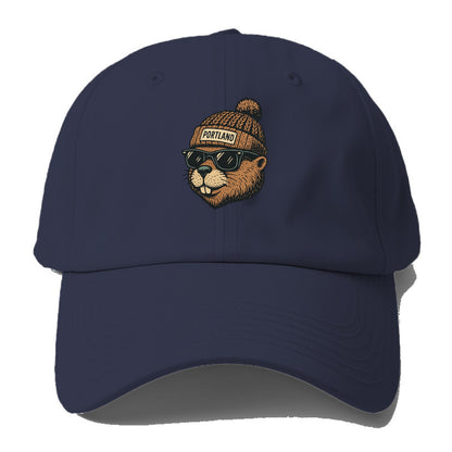 Portland Beaver wearing Portland beanie with pom pom and wayfarer - Baseball Cap For Big Heads - Twilight Navy(Blue)