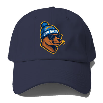 San Diego Sea Lion wearing Chargers beanie with bolt patch and - Baseball Cap For Big Heads - Twilight Navy(Blue)
