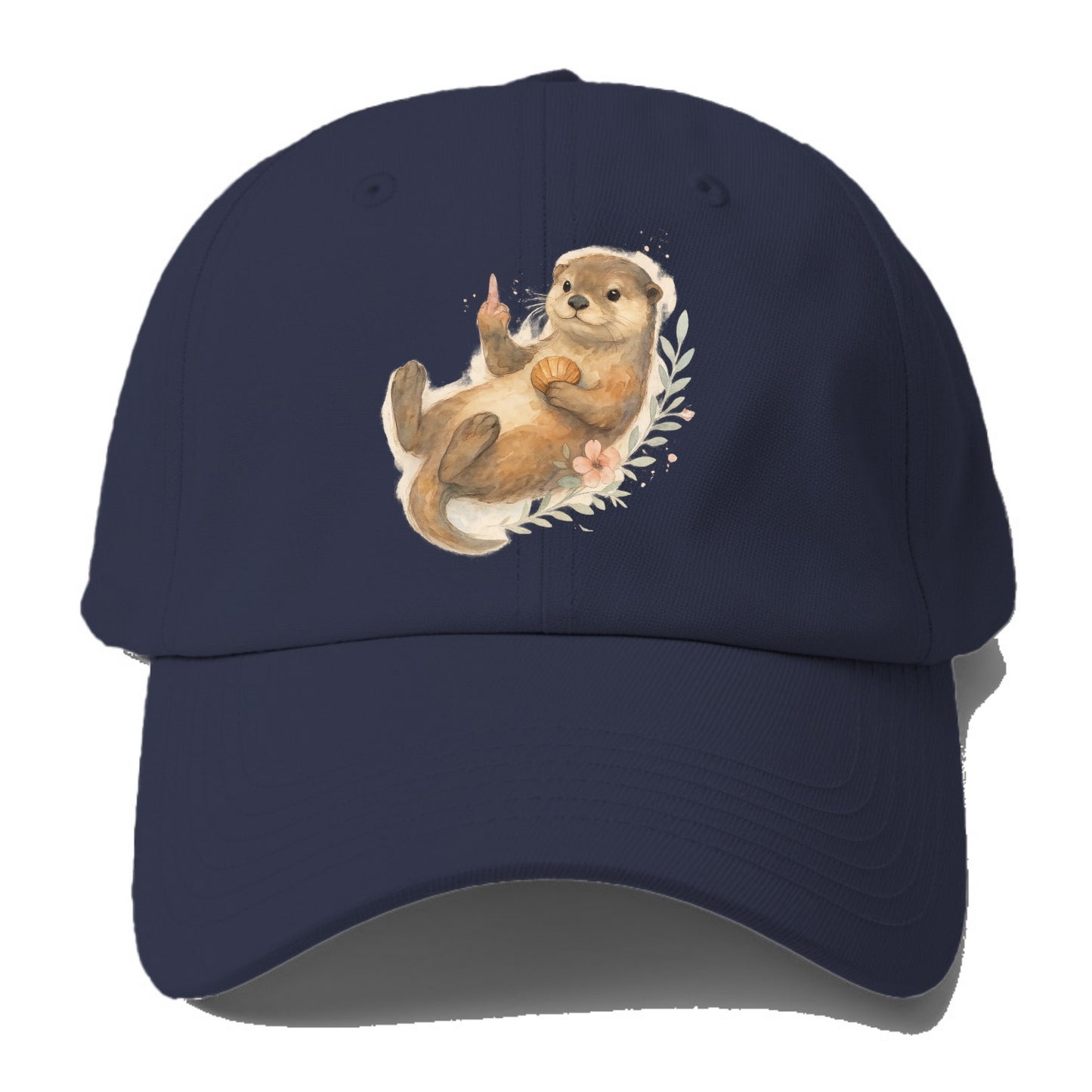 adorable otter floating on back, middle finger up while holding a shellfish - Baseball Cap - Twilight Navy(Blue)