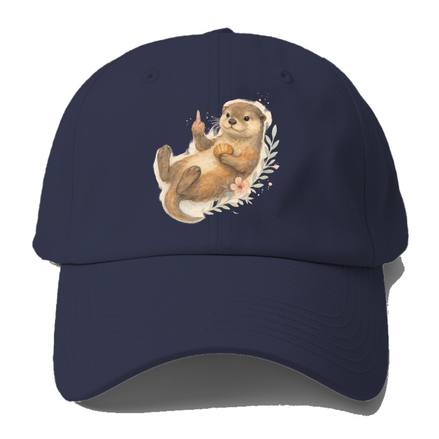 adorable otter floating on back, middle finger up while holding a shellfish - Baseball Cap - Twilight Navy(Blue)