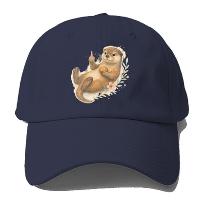 adorable otter floating on back, middle finger up while holding a shellfish - Baseball Cap - Twilight Navy(Blue)
