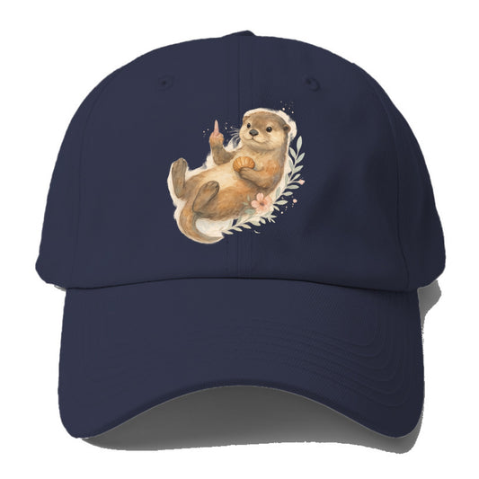 adorable otter floating on back, middle finger up while holding a shellfish - Baseball Cap - Twilight Navy(Blue)