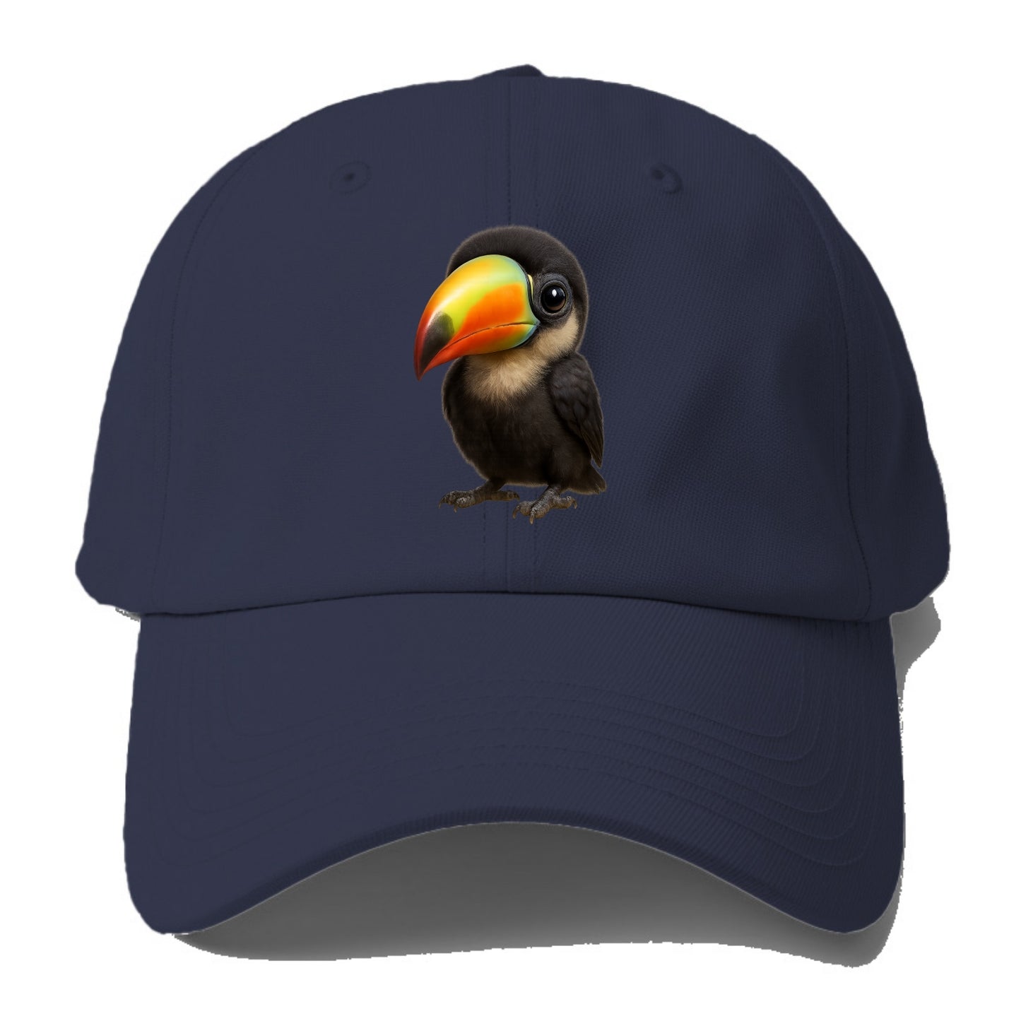 Baby Toucan - oversized colorful beak, black feathers, bright eyes, front-facing, - Baseball Cap - Twilight Navy(Blue)