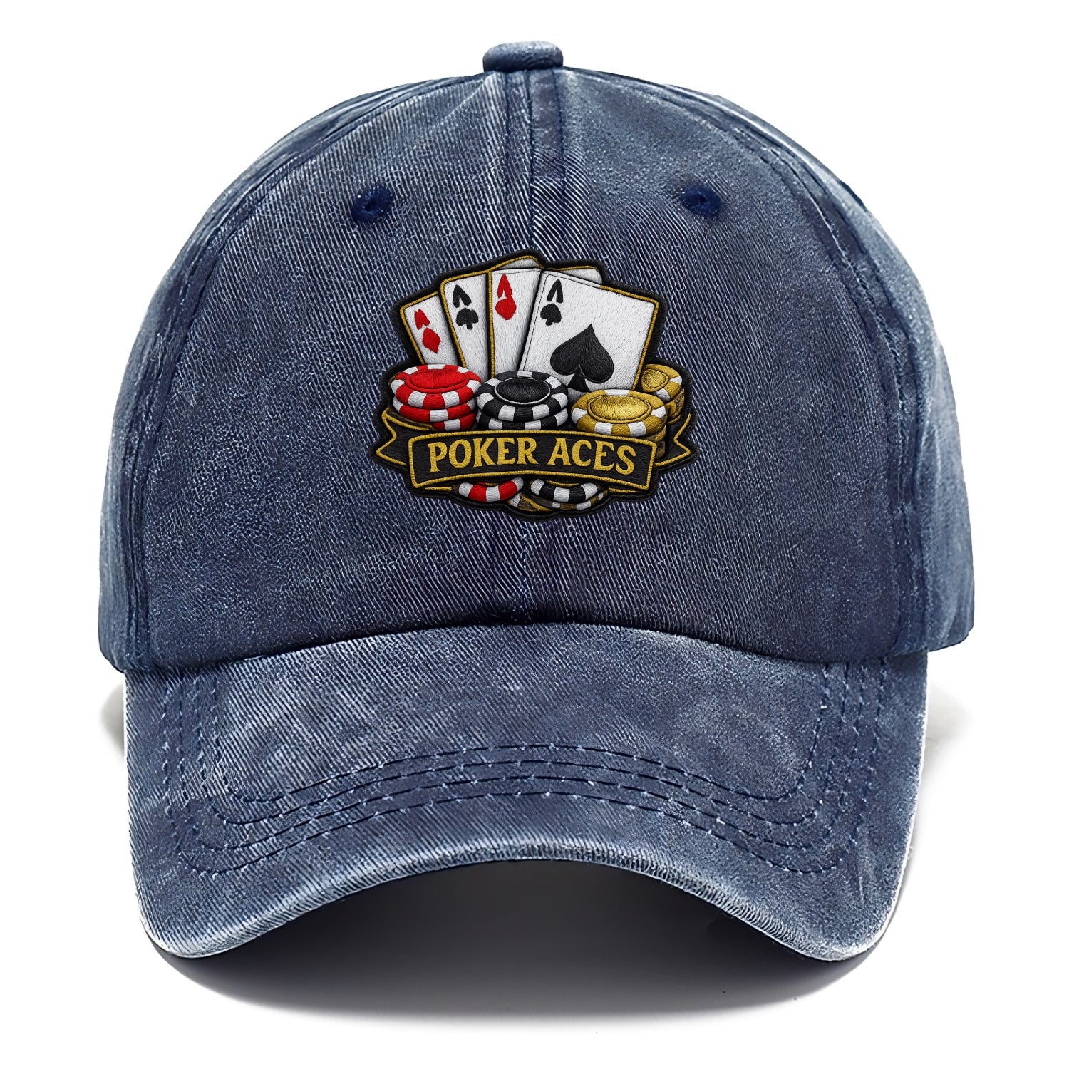 Embroidered patch design - POKER ACES - four aces with chips in red, black and gold - Classic Cap - Twilight Navy(Blue)