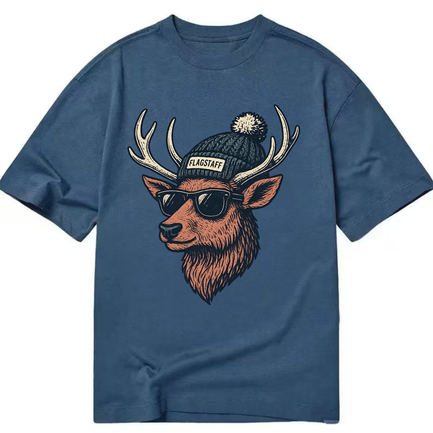 Flagstaff Elk wearing Flagstaff beanie with pom pom and wayfarer sunglasses - Classic T-shirt - Twilight Navy(Blue)