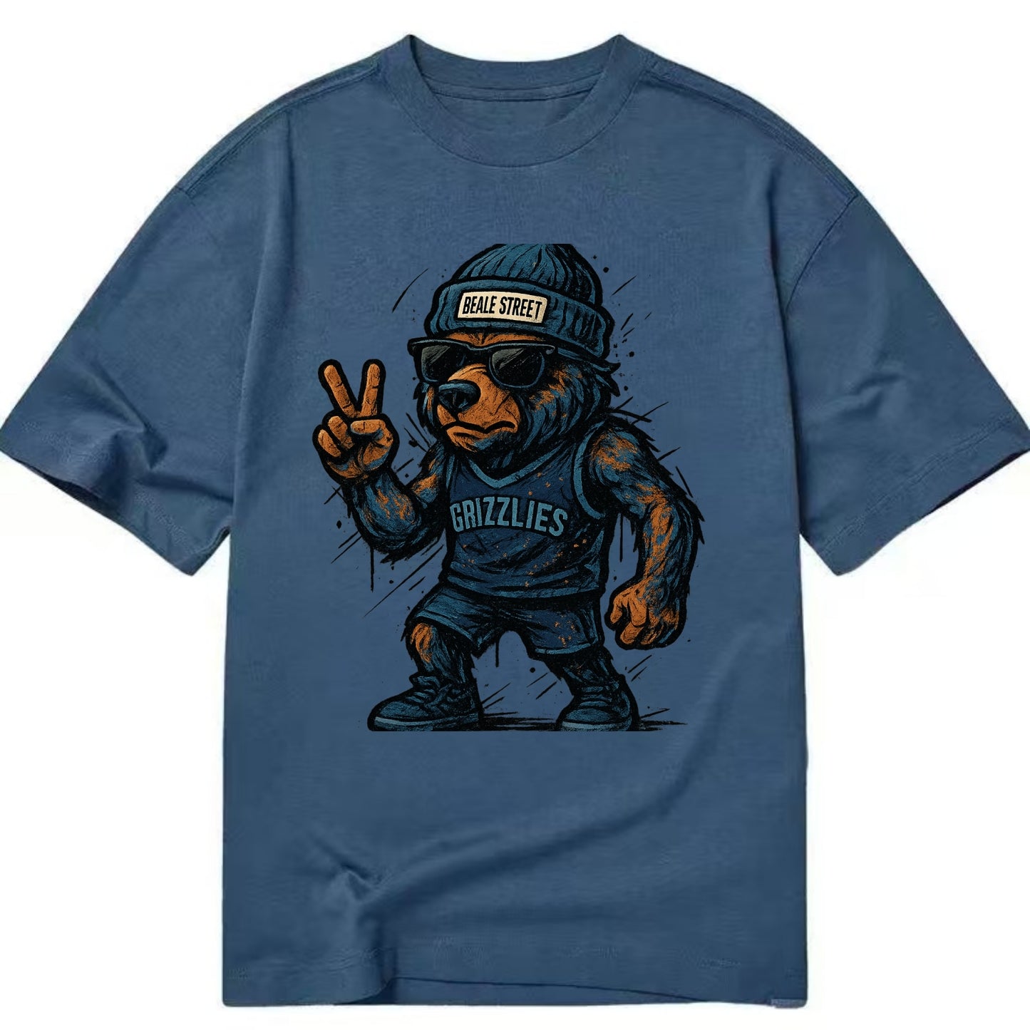 Memphis Grizzly Bear wearing Grizzlies navy and light blue beanie with Beale - Classic T-shirt - Twilight Navy(Blue)