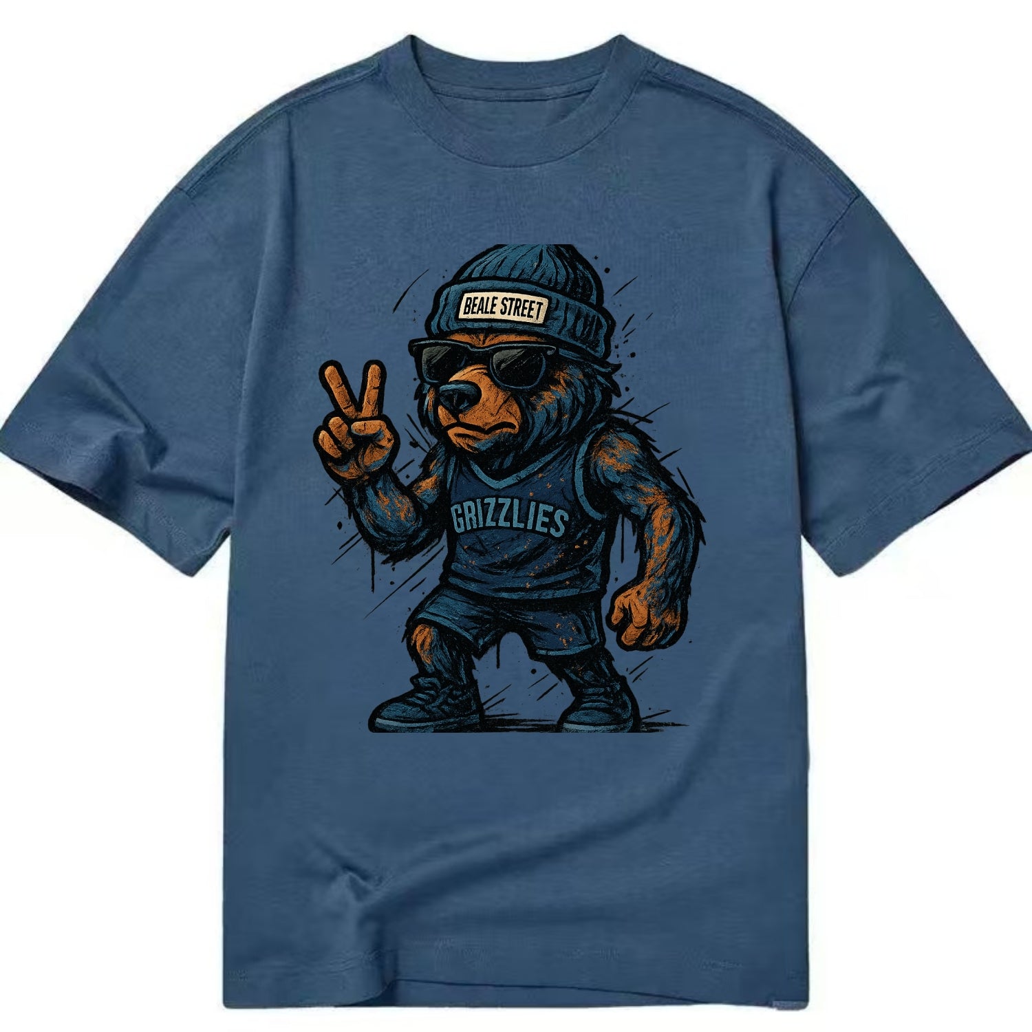 Memphis Grizzly Bear wearing Grizzlies navy and light blue beanie with Beale - Classic T-shirt - Twilight Navy(Blue)