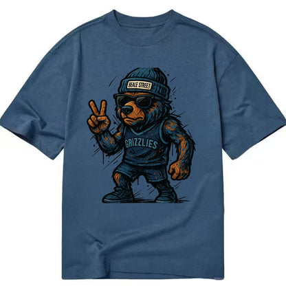 Memphis Grizzly Bear wearing Grizzlies navy and light blue beanie with Beale - Classic T-shirt - Twilight Navy(Blue)