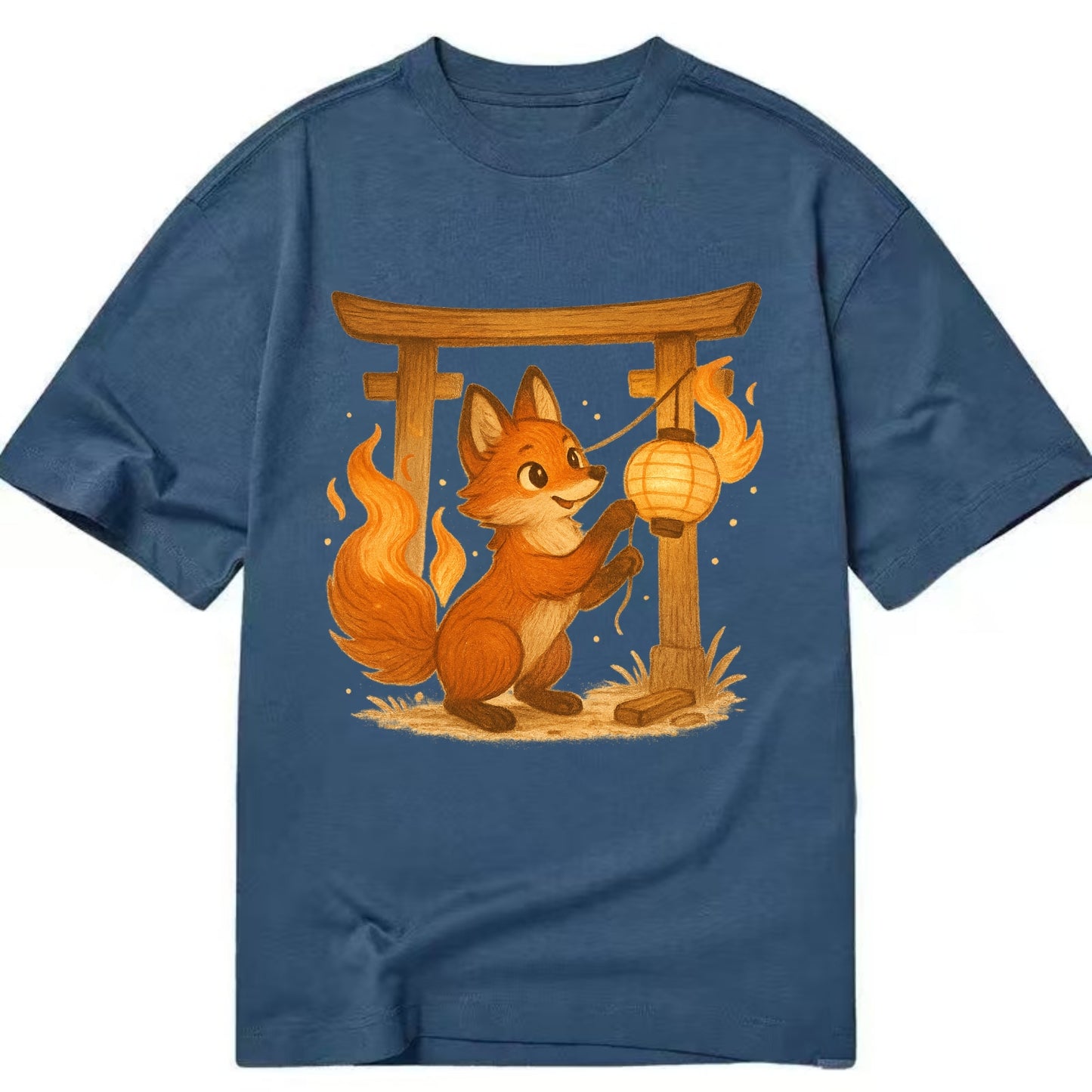 Foxfire kitsune stringing lanterns along a torii gate with tails of living flame - Classic T-shirt - Twilight Navy(Blue)