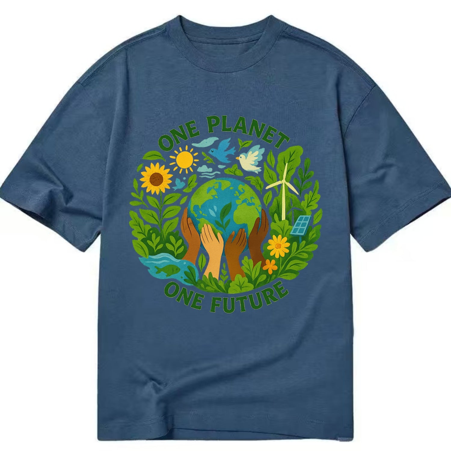 Globe surrounded by hands of all colors working together - "One Planet, One - Classic T-shirt - Twilight Navy(Blue)