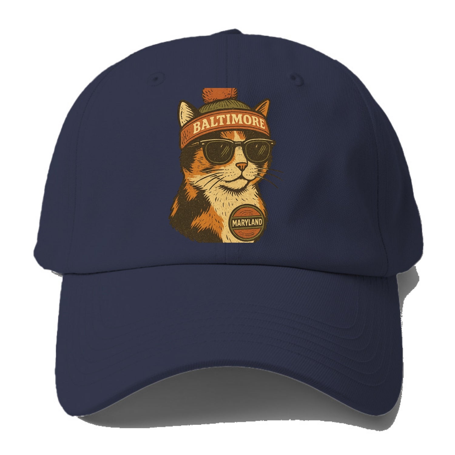 Maryland Calico Cat wearing Baltimore beanie with pom pom and wayfarer sunglasses - Baseball Cap - Twilight Navy(Blue)
