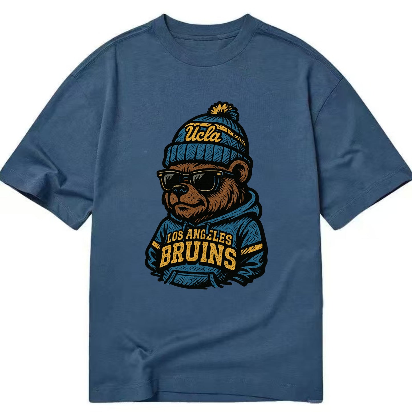 Los Angeles Bruin wearing UCLA beanie with script patch - Classic T-shirt - Twilight Navy(Blue)