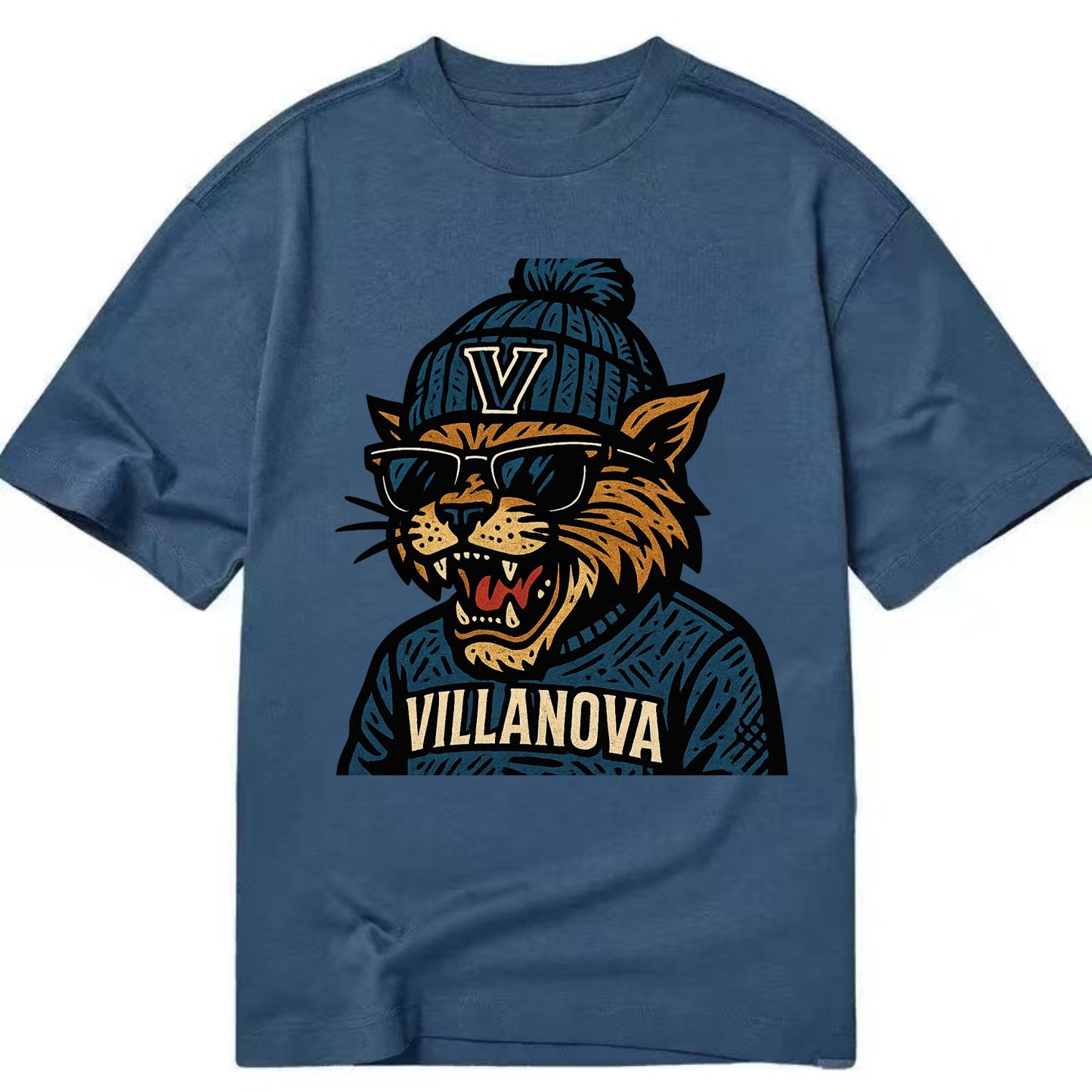 Villanova Wildcat wearing Villanova beanie with V patch - Classic T-shirt - Twilight Navy(Blue)