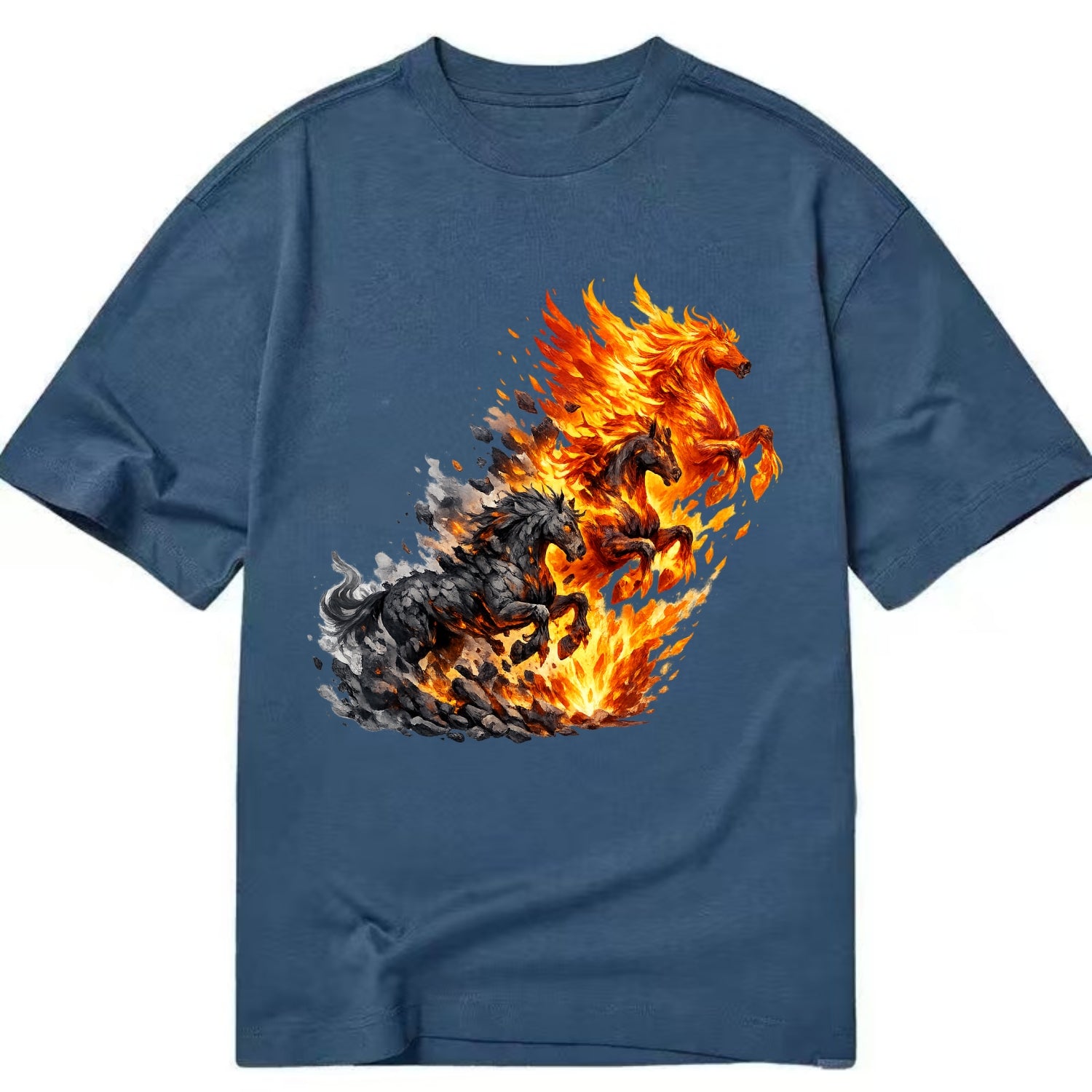 INFERNO STALLION | Horse made entirely of living flames | Blazing mane and tail | - Classic T-shirt - Twilight Navy(Blue)