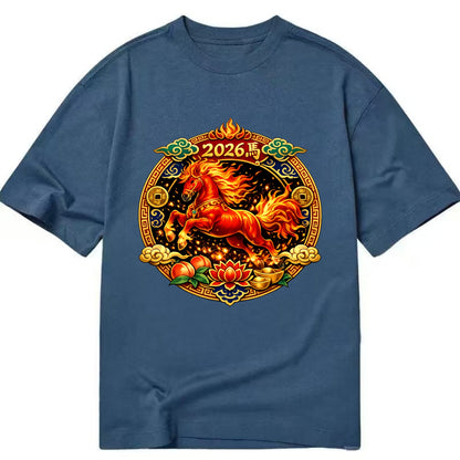FIRE HORSE | Flaming mane and tail horse | Blazing orange and red colors | - Classic T-shirt - Twilight Navy(Blue)