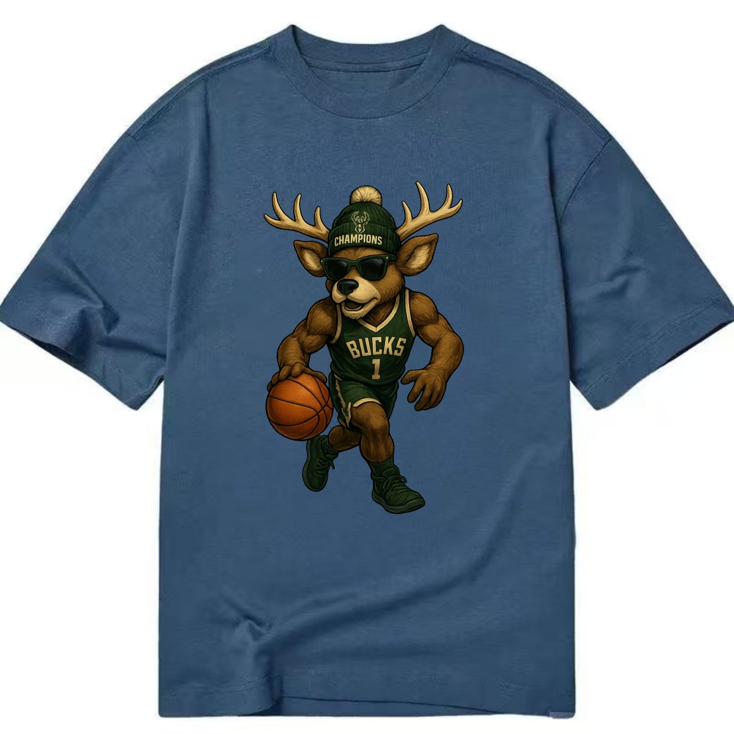 Milwaukee Buck Deer wearing Bucks green and cream beanie with antlers and - Classic T-shirt - Twilight Navy(Blue)