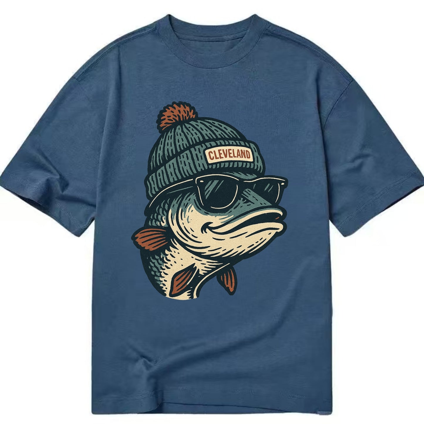 Cleveland Lake Erie Walleye wearing Cleveland beanie with pom pom and wayfarer - Classic T-shirt - Twilight Navy(Blue)